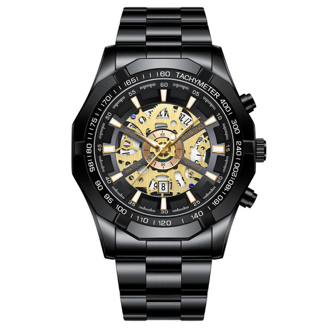 BINBOND S033 Hollowed Mechanical 30m Waterproof Luminous Quartz Watch, Black Steel-Black-Gold, Black Steel-Black-Rose Gold, Full Gold-Black-Gold, Blue Steel-Blue