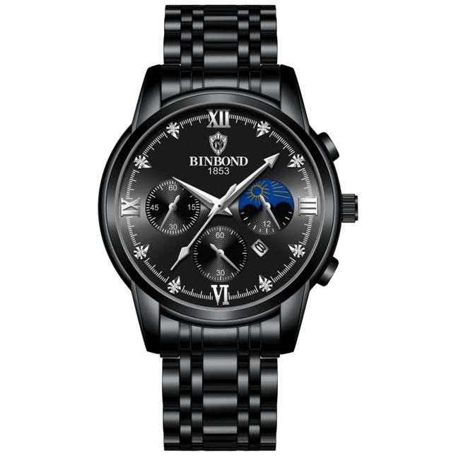 BINBOND B3591 30m Waterproof Luminous Calendar Men Watch, Black Steel-Black, Black Leather-White-Black, Brown Leather-White-White