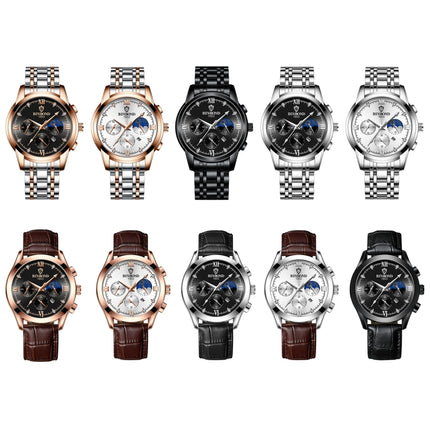 BINBOND B3591 30m Waterproof Luminous Calendar Men Watch, Black Steel-Black, Black Leather-White-Black, Brown Leather-White-White