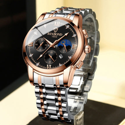 BINBOND B3591 30m Waterproof Luminous Calendar Men Watch, Black Steel-Black, Black Leather-White-Black, Brown Leather-White-White