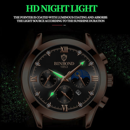 BINBOND B3591 30m Waterproof Luminous Calendar Men Watch, Black Steel-Black, Black Leather-White-Black, Brown Leather-White-White