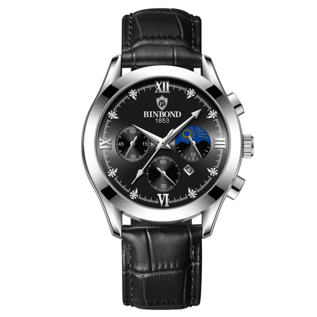 BINBOND B3591 30m Waterproof Luminous Calendar Men Watch, Black Steel-Black, Black Leather-White-Black, Brown Leather-White-White