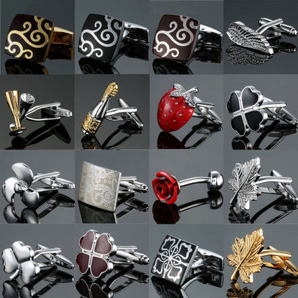 Men Clover Rose Pattern Cufflinks, Color: Red Strawberry, Silver Clover, Black Clover, Red Clover, Silver Maple Leaf, Gold Maple Leaf, Red Rose, Black Flower Pattern, Wine Red Silver Pattern, Black Cloud Pattern, Gold Cloud Pattern, Silver Laser Flower...