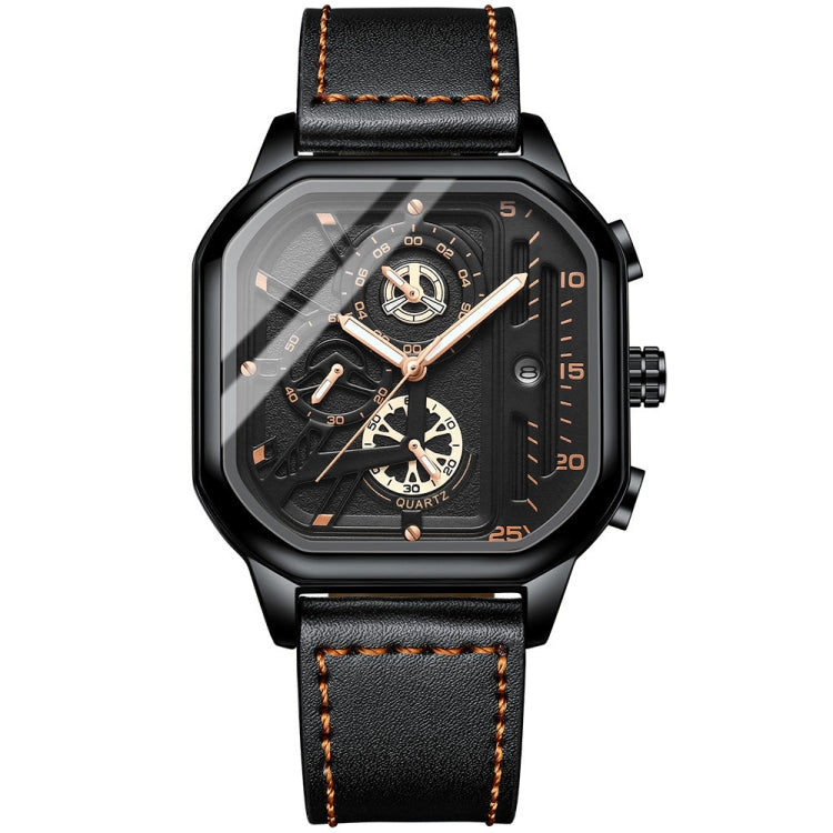 BINBOND B6577 30M Waterproof Luminous Square Quartz Watch, Black Leather-Black-Rose Gold, Black Leather-White-White, Black Steel-Black-Rose Gold, Rose Gold-Black-Rose Gold