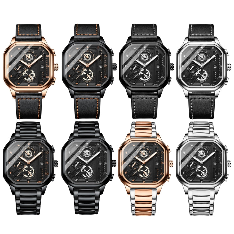 BINBOND B6577 30M Waterproof Luminous Square Quartz Watch, Black Leather-Black-Rose Gold, Black Leather-White-White, Black Steel-Black-Rose Gold, Rose Gold-Black-Rose Gold