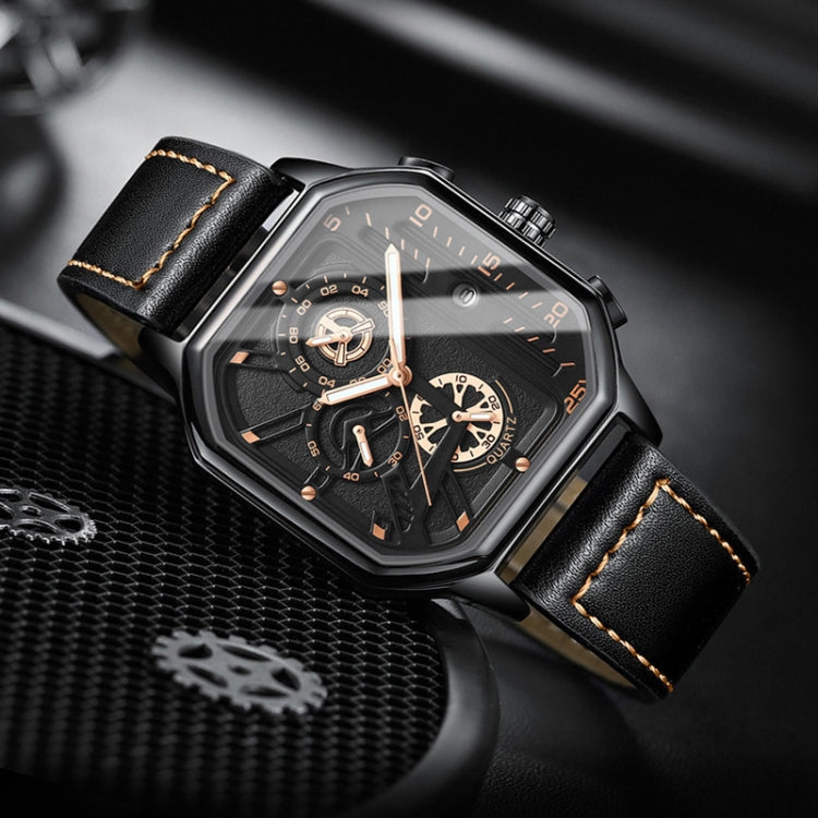 BINBOND B6577 30M Waterproof Luminous Square Quartz Watch, Black Leather-Black-Rose Gold, Black Leather-White-White, Black Steel-Black-Rose Gold, Rose Gold-Black-Rose Gold