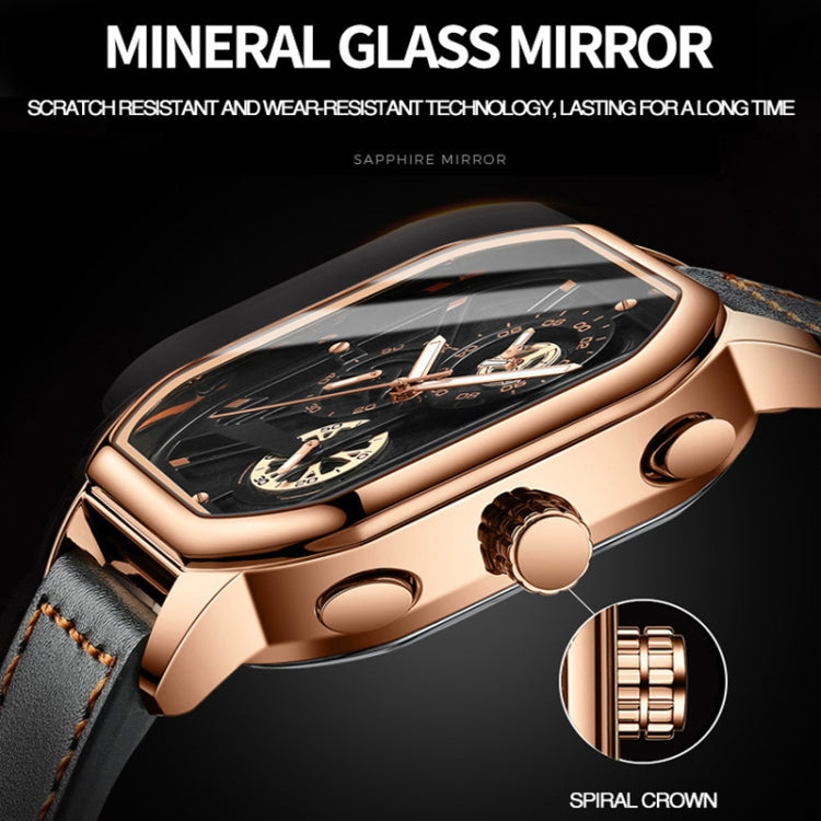 BINBOND B6577 30M Waterproof Luminous Square Quartz Watch, Black Leather-Black-Rose Gold, Black Leather-White-White, Black Steel-Black-Rose Gold, Rose Gold-Black-Rose Gold