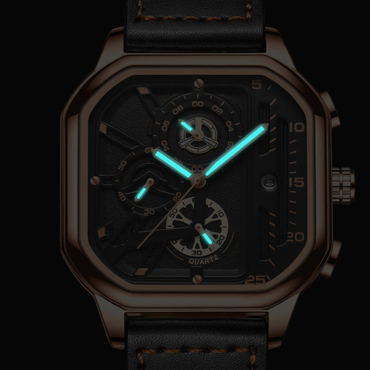 BINBOND B6577 30M Waterproof Luminous Square Quartz Watch, Black Leather-Black-Rose Gold, Black Leather-White-White, Black Steel-Black-Rose Gold, Rose Gold-Black-Rose Gold