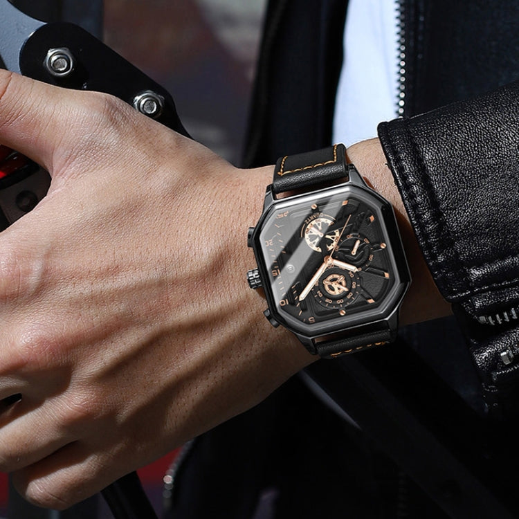 BINBOND B6577 30M Waterproof Luminous Square Quartz Watch, Black Leather-Black-Rose Gold, Black Leather-White-White, Black Steel-Black-Rose Gold, Rose Gold-Black-Rose Gold