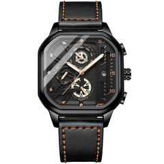 BINBOND B6577 30M Waterproof Luminous Square Quartz Watch, Black Leather-Black-Rose Gold, Black Leather-White-White, Black Steel-Black-Rose Gold, Rose Gold-Black-Rose Gold