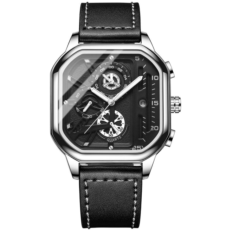 BINBOND B6577 30M Waterproof Luminous Square Quartz Watch, Black Leather-Black-Rose Gold, Black Leather-White-White, Black Steel-Black-Rose Gold, Rose Gold-Black-Rose Gold