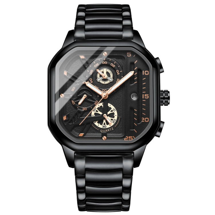 BINBOND B6577 30M Waterproof Luminous Square Quartz Watch, Black Leather-Black-Rose Gold, Black Leather-White-White, Black Steel-Black-Rose Gold, Rose Gold-Black-Rose Gold