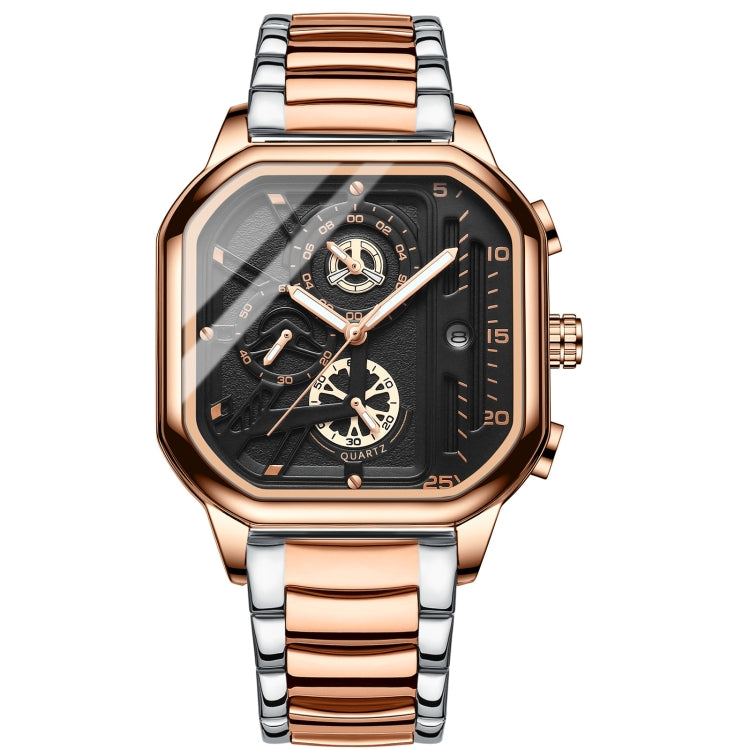 BINBOND B6577 30M Waterproof Luminous Square Quartz Watch, Black Leather-Black-Rose Gold, Black Leather-White-White, Black Steel-Black-Rose Gold, Rose Gold-Black-Rose Gold
