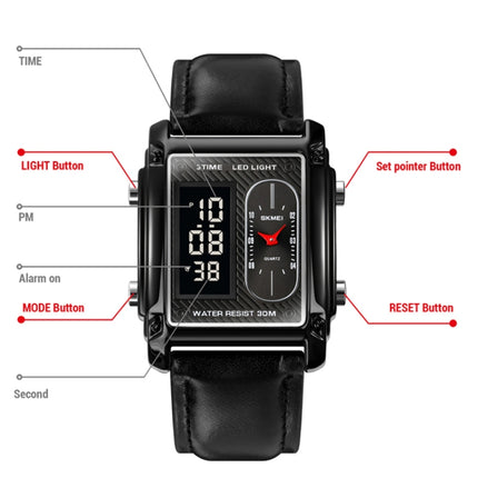 SKMEI 1868 Square Double Display Waterproof Men Watch, Style:, Steel Belt (Rose Gold), Leather Belt (Rose Gold)