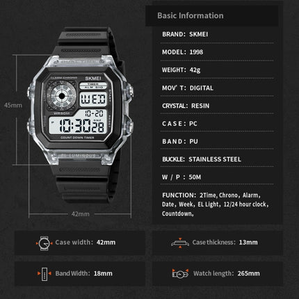 SKMEI 1998 Transparent Shell Ice Sensor Outdoor Sports Waterproof Multi-function Watch, 1998 White, 1998 Black