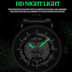 BINBOND B7872 Multifunctional Hollow Luminous Waterproof Quartz Watch, Black Steel-Black-White, Black Leather-Black-Black, Black Leather-White-Black