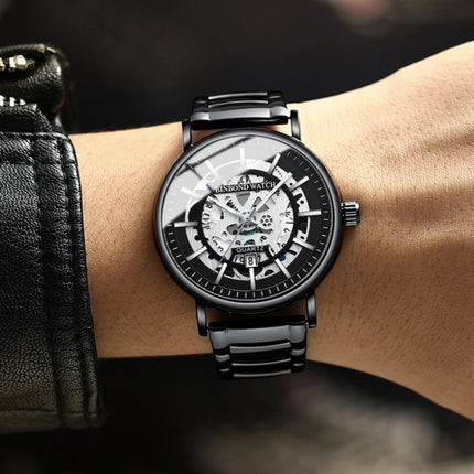 BINBOND B7872 Multifunctional Hollow Luminous Waterproof Quartz Watch, Black Steel-Black-White, Black Leather-Black-Black, Black Leather-White-Black