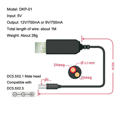 USB Booster Line Mobile Power Cord, 2pcs DC 5V to 9V, 2pcs DC 5V to 12V
