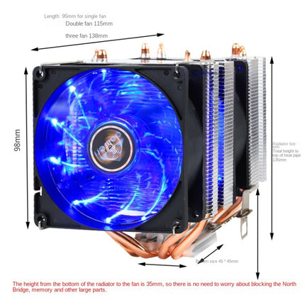 Desktop Computer Double Copper Tube CPU Radiator Super Quiet, 2 Tube Color Light 3-pin Single Fan, 2 Tube Color Light 3-pin Double Fan