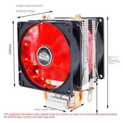 Desktop Computer Double Copper Tube CPU Radiator Super Quiet, 2 Tube Color Light 3-pin Single Fan, 2 Tube Color Light 3-pin Double Fan