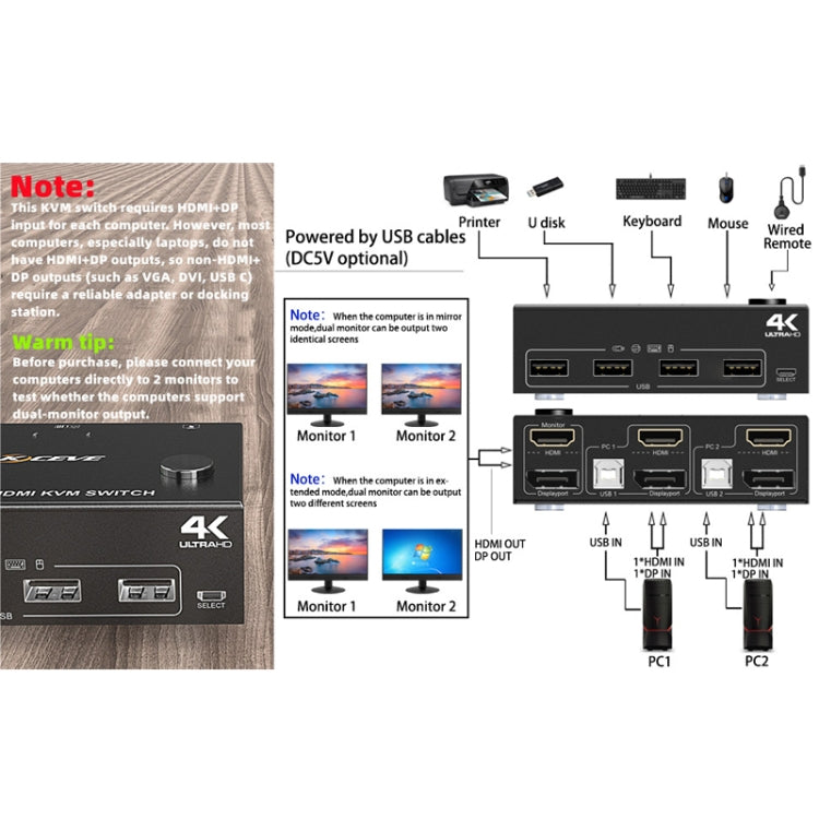 202DH DP HDMI Dual Channel KVM Switch Computer Host DP Interface Keyboard Mouse Sharing Display, 202DH