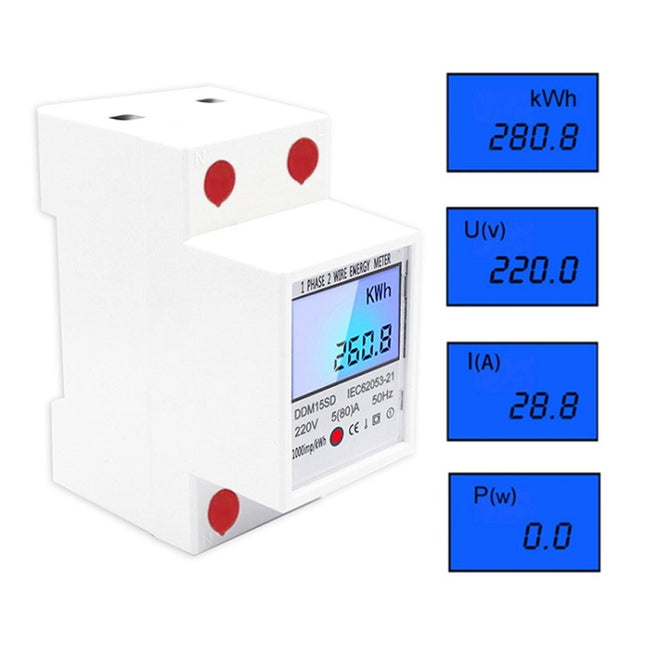 DDM15SD Single-phase Multi-function Rail Meter with Backlight LCD Display, 5 (20) A, 5 (32) A, 10 (40) A, 15 (60) A, 20 (80) A, 5 (80) A