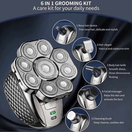 9 Knife Head Multifunctional USB Shaver Full Body Water Washing Shaver Men Hair Bald, 6 In 1