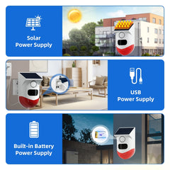 Infrared Motion Detector Solar Outdoor PIR Wireless Strobe Siren Detector Sound Alarm, CT80WR Tuya WiFi Model, CT80R USB Upgrade Model