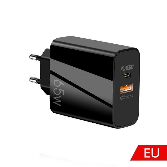 A502 65W USB-C/Type-C+USB Dual Port GaN Charger QC3.0 Laptop Universal Charger, EU Plug Black, EU Plug White, US Plug Black, US Plug White, UK Plug Black, UK Plug White