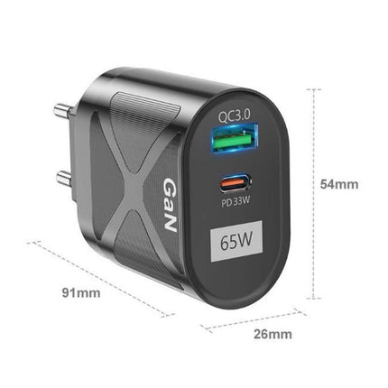 65W GAN PD + QC3.0 Fast Charger Phone Notebook Computer Universal Charging Head, EU Plug Black, UK Plug Black, US Plug Black, AU Plug Black, EU Plug White, UK Plug White, US Plug White, AU Plug White