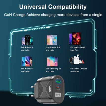 65W GAN PD + QC3.0 Fast Charger Phone Notebook Computer Universal Charging Head, EU Plug Black, UK Plug Black, US Plug Black, AU Plug Black, EU Plug White, UK Plug White, US Plug White, AU Plug White