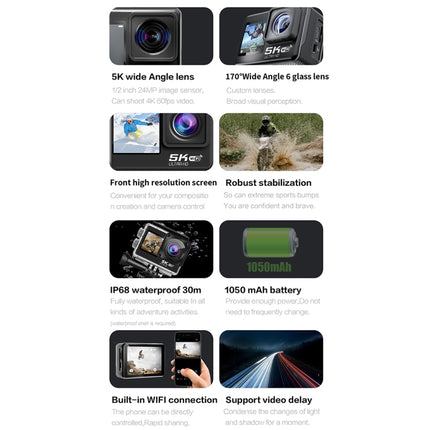 5K/30FPS WIFI HD Anti-Shake Remote Touch Dual-Screen IP68 Waterproof Sports Camera