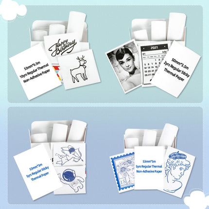 For Phomemo T02 3rolls Bluetooth Printer Thermal Paper Label Paper, 53mmx6.5m 10 Years Black on White No Adhesive, 50mmx3.5m 2 Years Black on White Sticker, 50mmx3.5m 10 Years Black on White Sticker, 50mmx3m 5 Years Blue on White Sticker               ...