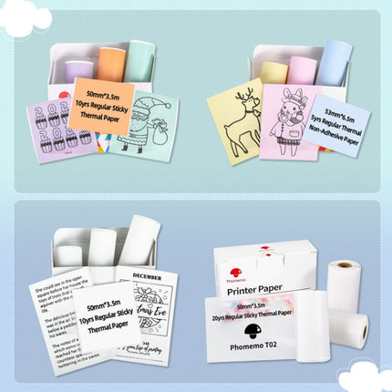 For Phomemo T02 3rolls Bluetooth Printer Thermal Paper Label Paper, 53mmx6.5m 10 Years Black on White No Adhesive, 50mmx3.5m 2 Years Black on White Sticker, 50mmx3.5m 10 Years Black on White Sticker, 50mmx3m 5 Years Blue on White Sticker               ...