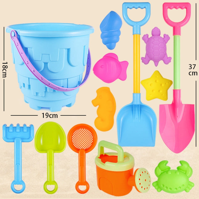 13pcs/Set Children Beach Toys Set Large Sand Shovel Bucket Sand Digging Tools Hourglass, Blue Round Castle, Pink Round Castle, Green Round Castle, Blue Lace Barrel, Pink Lace Barrel, Purple Lace Barrel, Blue Square Castle, Pink Square Castle           ...