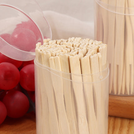 Bamboo Fruit Stick Disposable Two Tines Dessert Fork For Home Use, 100pcs /Can, 200pcs /Can