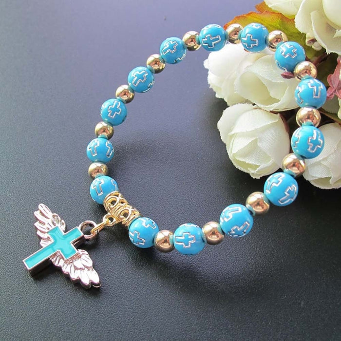 Gold Stamped Acrylic Angel Cross Bead Bracelet, Blue, White, Pink, Silver
