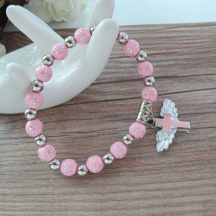 Gold Stamped Acrylic Angel Cross Bead Bracelet, Blue, White, Pink, Silver