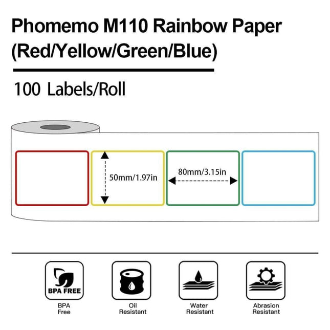 For Phomemo M110 / M200 90pcs /Roll 50x80mm Rainbow Frame White Self-Sticking Tag, 90pcs /Roll 50x80mm Rainbow Frame