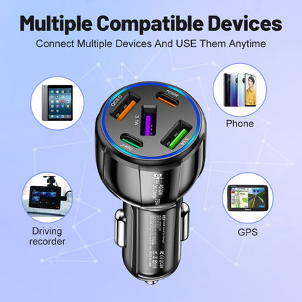 3USB+2PD 75W Dual Line Car Mobile Phone Fast Charging Charger, Black, White