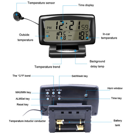 LCD Night Light Car Clock Automotive Electronics Inside And Outside Dual Thermometer, 2 in 1 Black