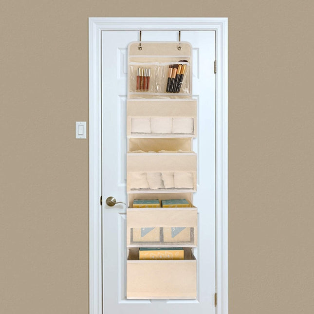 GD03 Wall-Mounted Fabric Storage Bag Wardrobe Room Door Behind Hanging Bag, Gray 4-grids, Beige 4-grids, Brown 4-grids, Black 4-grids, 4+1 Gray, 4+1 Beige, Wave Pattern 4-grids, Lantern Flower 4-grids