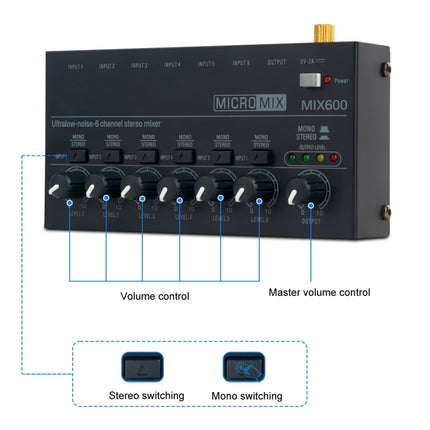 Ultra-Compact Low-Noise 6 Channel Stereo Audio Mixer, US Plug, MIX600