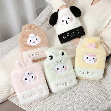 1L Hot Water Bag Dual Hands Plush Cute Hand Warmer, Black and White Puppy, Brown Bear, Fruit Green Frog, Yellow Duck, Pink Bunny, Consortium, Naughty Cat, Little Brown Bear, Little White Rabbit