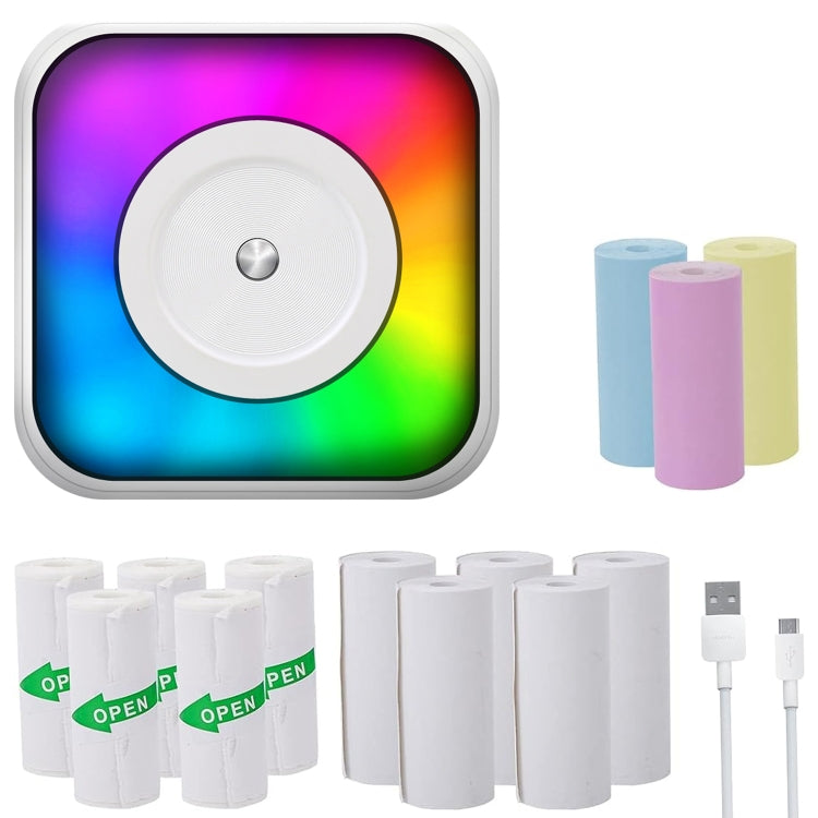 RGB Light Portable Mini Bluetooth Printer Inkless Document Label Printer, with 1-Roll Paper, with 5-Rolls Paper, with 5-Rolls Stickers, with 5 Paper+5 Stickers+3 Color Paper