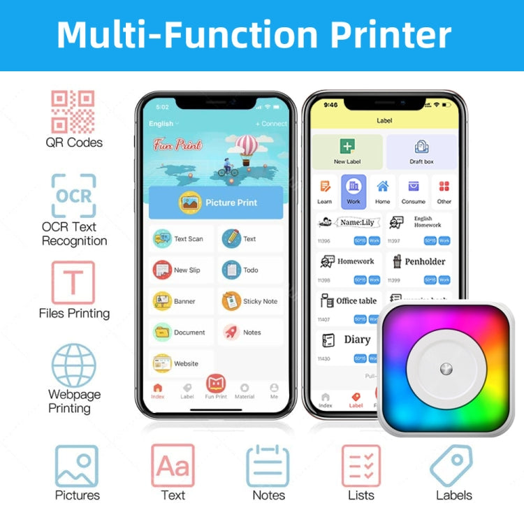 RGB Light Portable Mini Bluetooth Printer Inkless Document Label Printer, with 1-Roll Paper, with 5-Rolls Paper, with 5-Rolls Stickers, with 5 Paper+5 Stickers+3 Color Paper