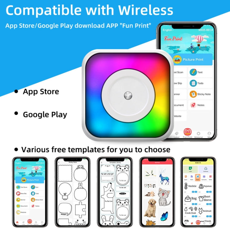 RGB Light Portable Mini Bluetooth Printer Inkless Document Label Printer, with 1-Roll Paper, with 5-Rolls Paper, with 5-Rolls Stickers, with 5 Paper+5 Stickers+3 Color Paper