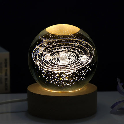 6cm With Warm Light Base 3D Laser Engraved Crystal Ball Night Light USB Glowing Glass Ball, Solar System, Saturn, Moon