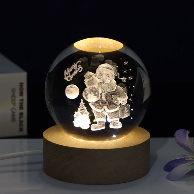 6cm With Warm Light Base 3D Laser Engraved Crystal Ball Night Light USB Glowing Glass Ball, Solar System, Saturn, Santa Claus, Moon, Earth