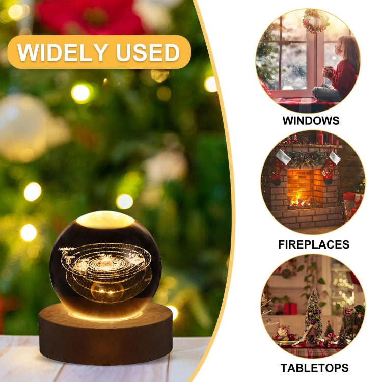6cm With Warm Light Base 3D Laser Engraved Crystal Ball Night Light USB Glowing Glass Ball, Solar System, Saturn, Santa Claus, Moon, Earth
